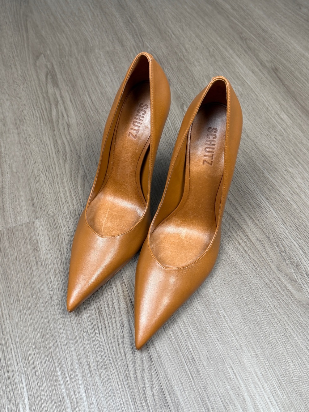 Lexi high SCHUTZ Sculpted Pointed Toe Pumps Cognac Leather Heels Size 7.5B - Picture 2 of 9